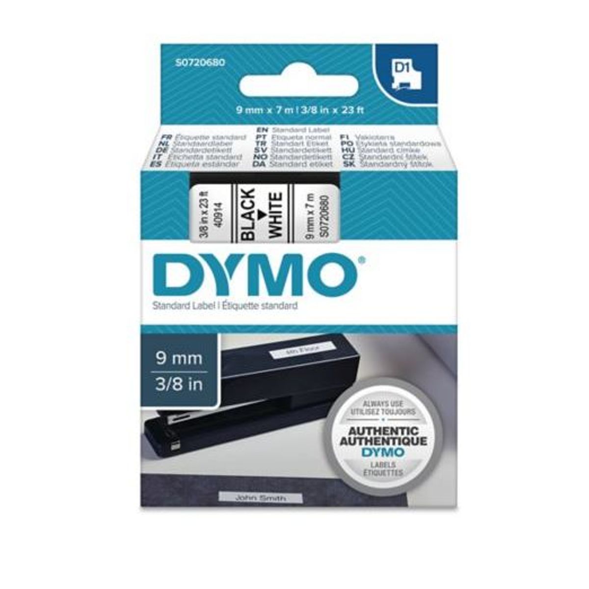 Dymo D1 S0720680 / 41913 9mm x 7m sort på hvid