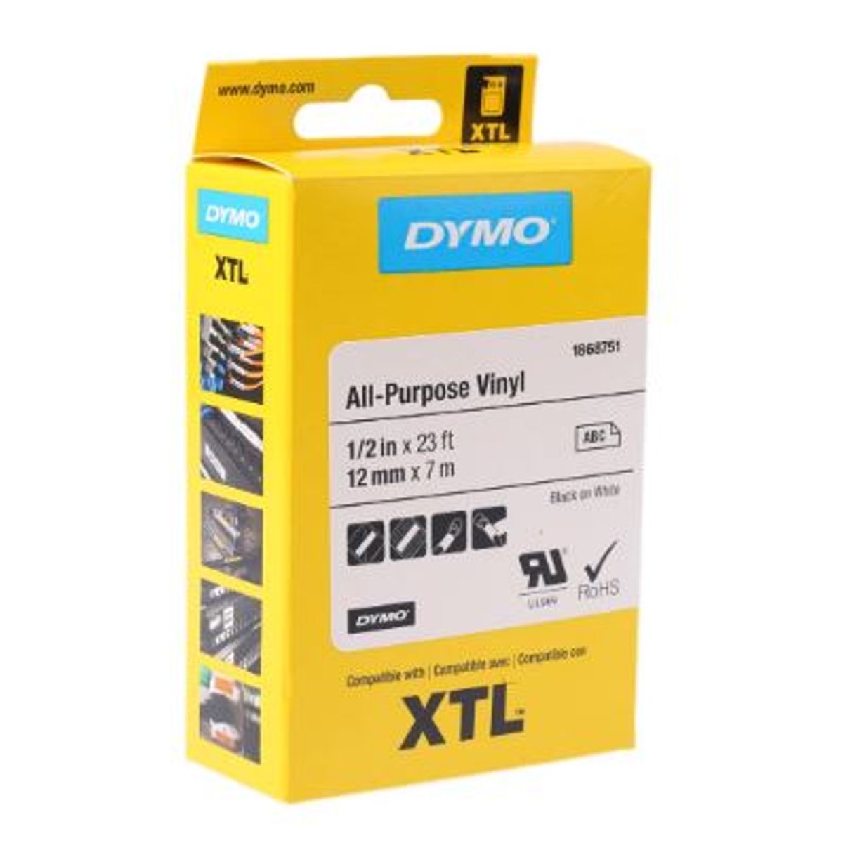 Dymo XTL all purpose vinyl sort på gul 12mm x 7m