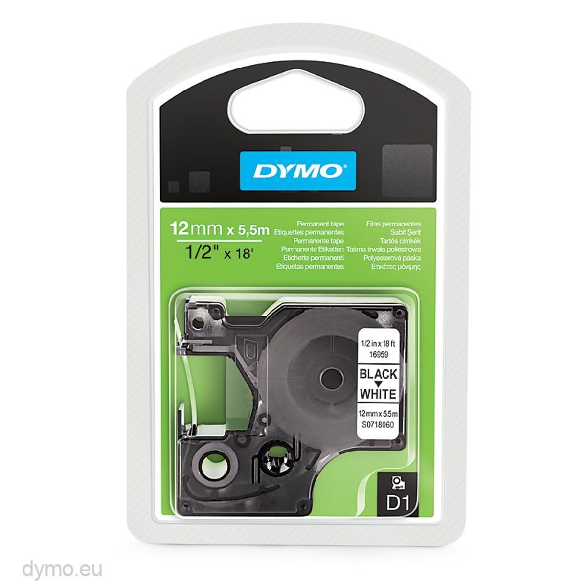 Dymo D1-tape 16959 12mm x 5,5m sort på hvid