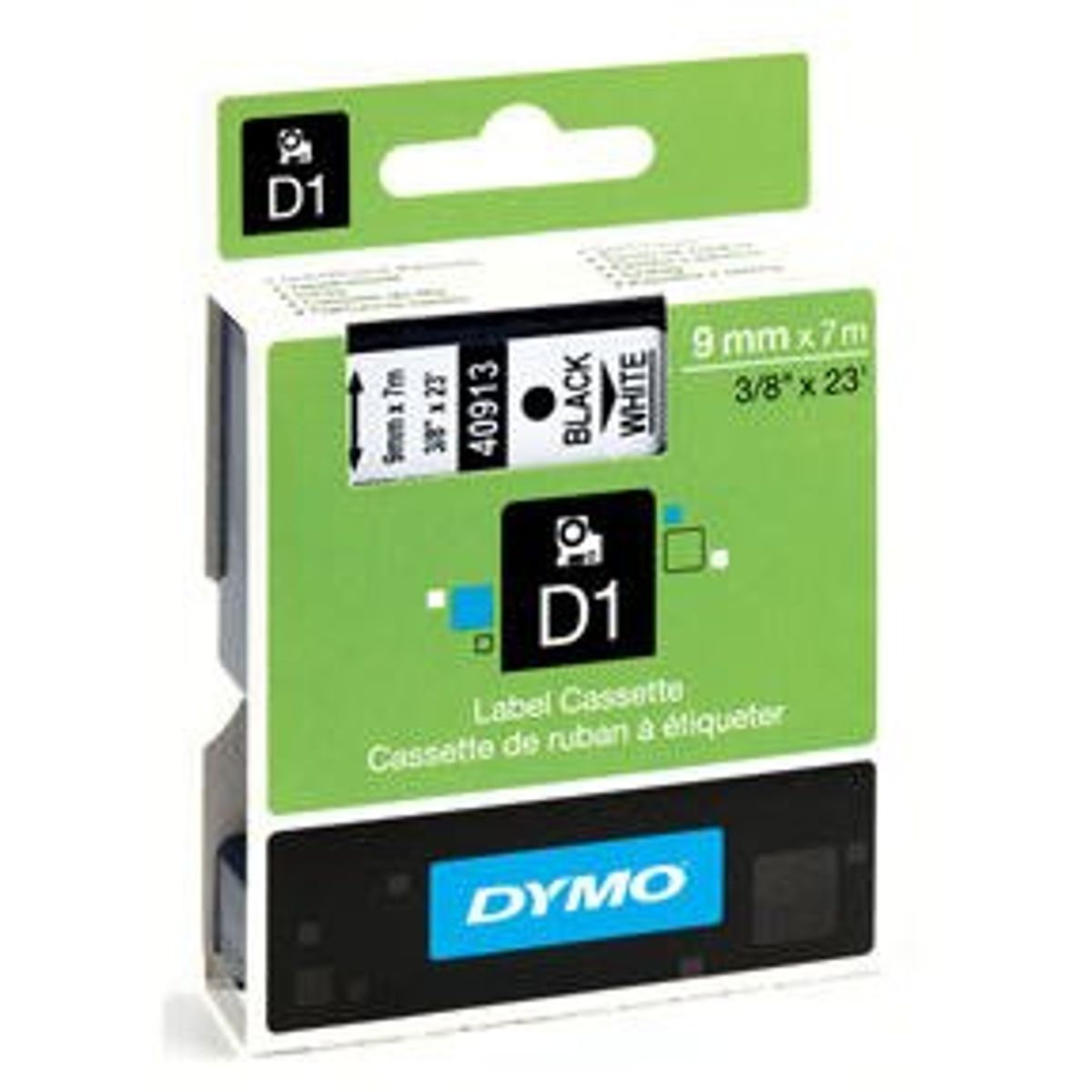 Dymo tape D1, labels, sort tekst på hvid tape, 9 mm x 7 m.