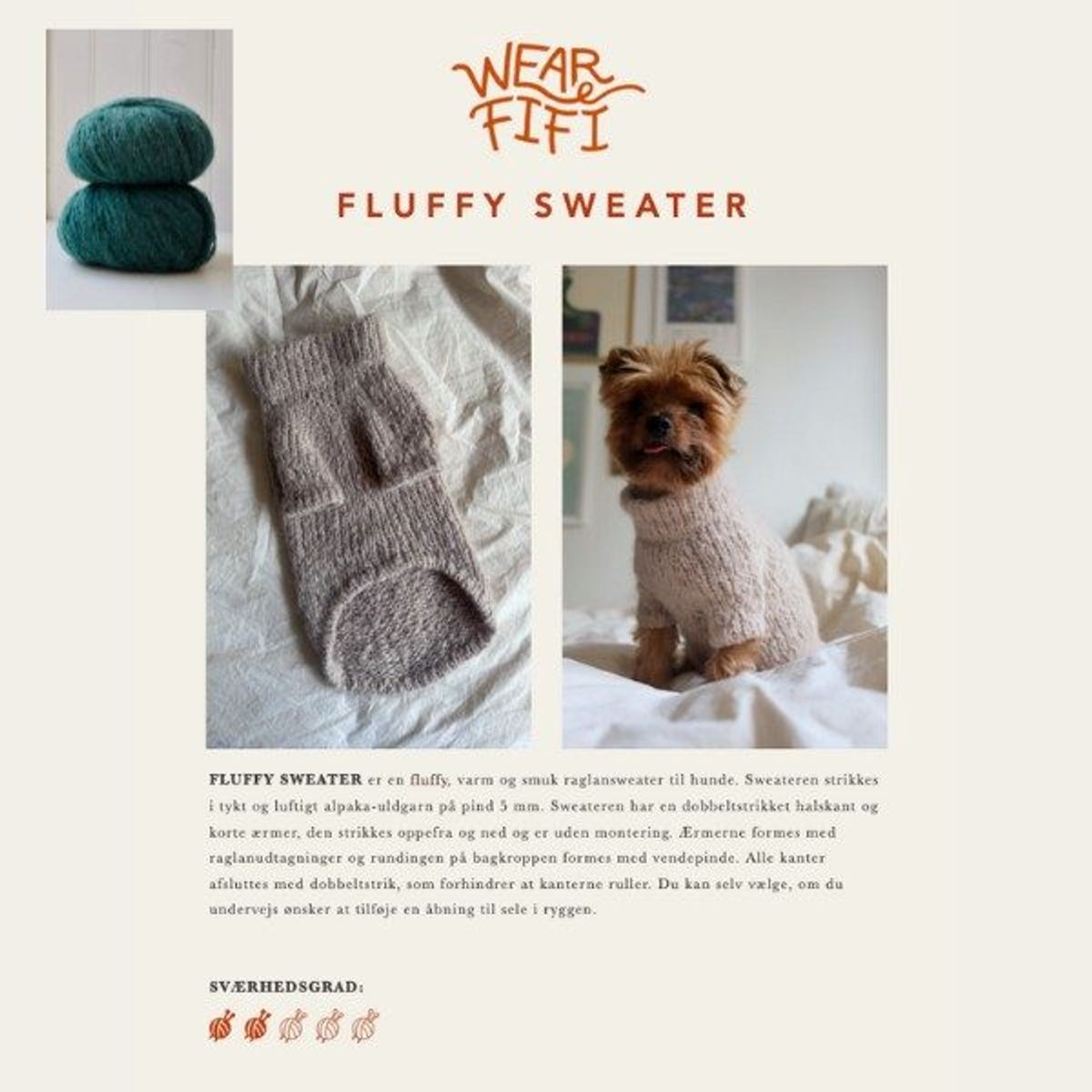 WEAR FIFI Strikkekit // Strik-selv Fluffy Hundesweater (teal green) - XXXS-XS