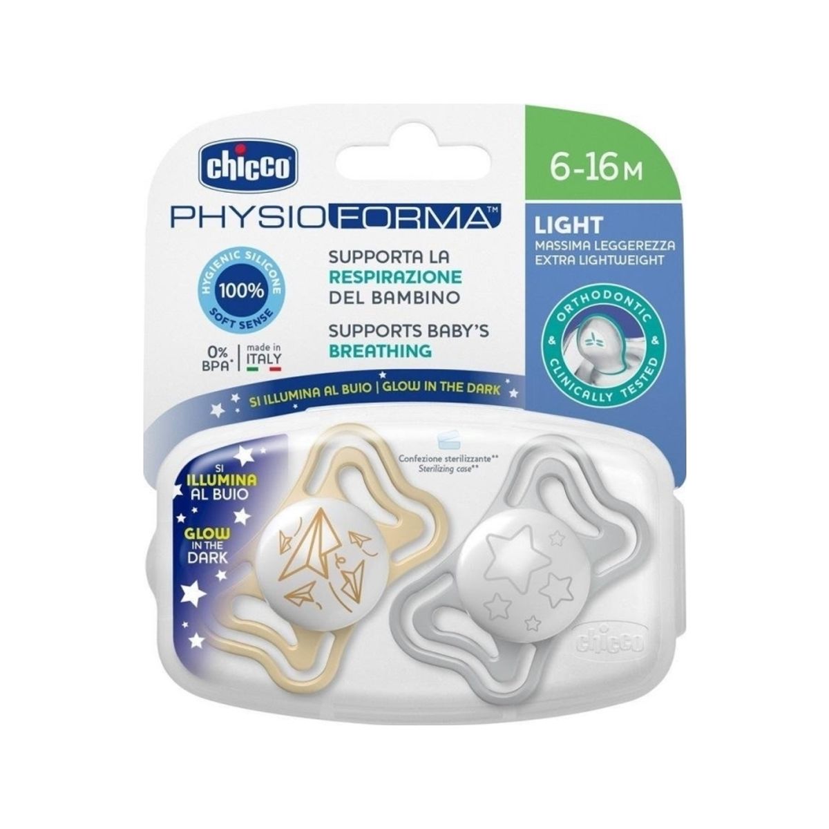 Chicco-710384- Physio Light Pacifier 6-16 Sil 2Pcs Lumi