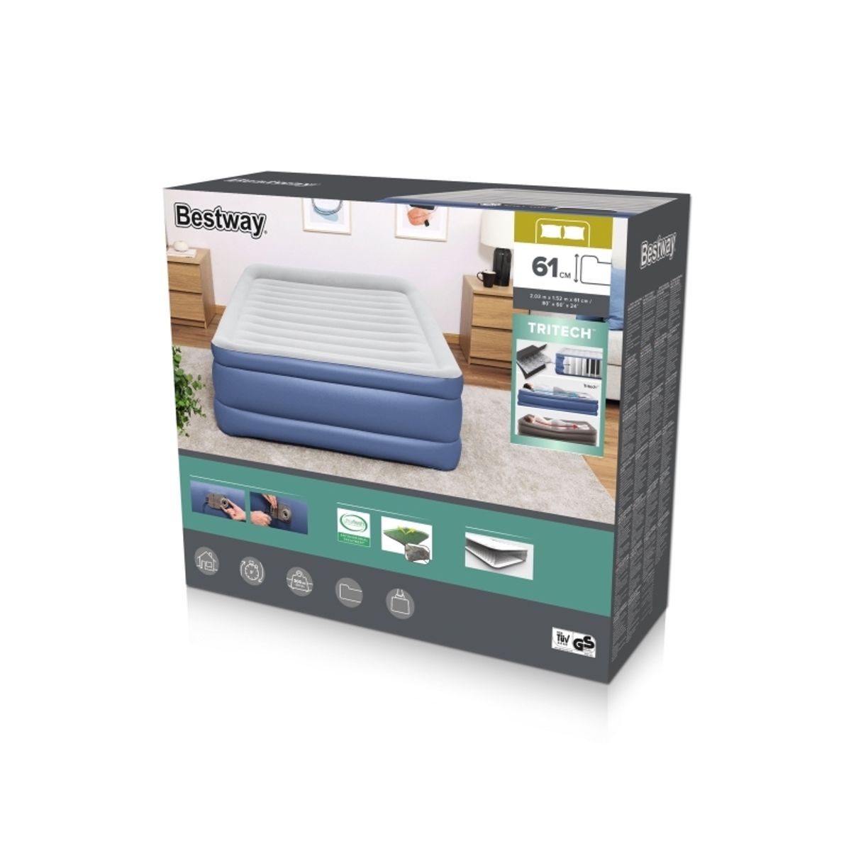 Bestway 67690 / 23, Dobbelt Madras, Queen Size, Rektandel, Indendørs, Indbygget Luftpumpe