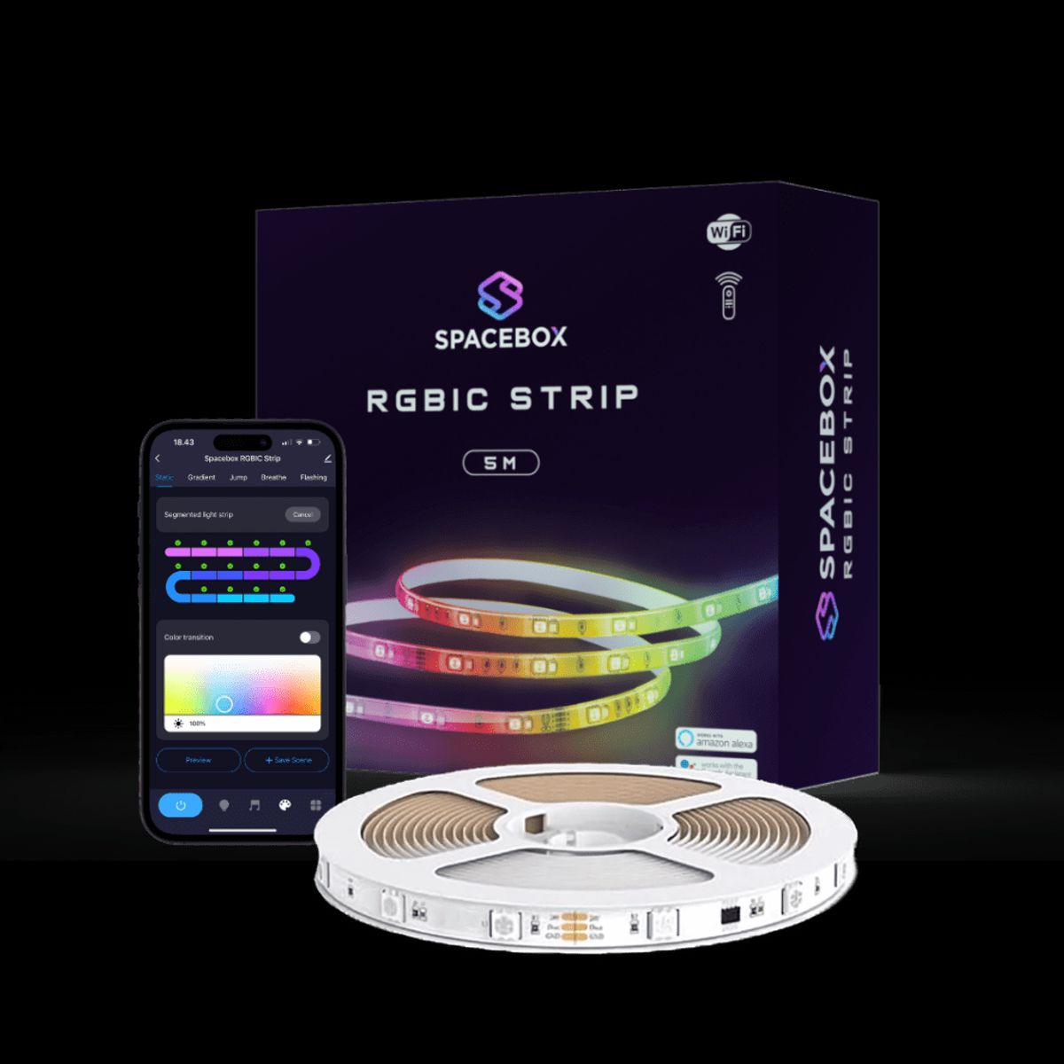 LED Strip 5M - RGBIC - WiFi App Kontrol - Spacestrip - SPACEBOX