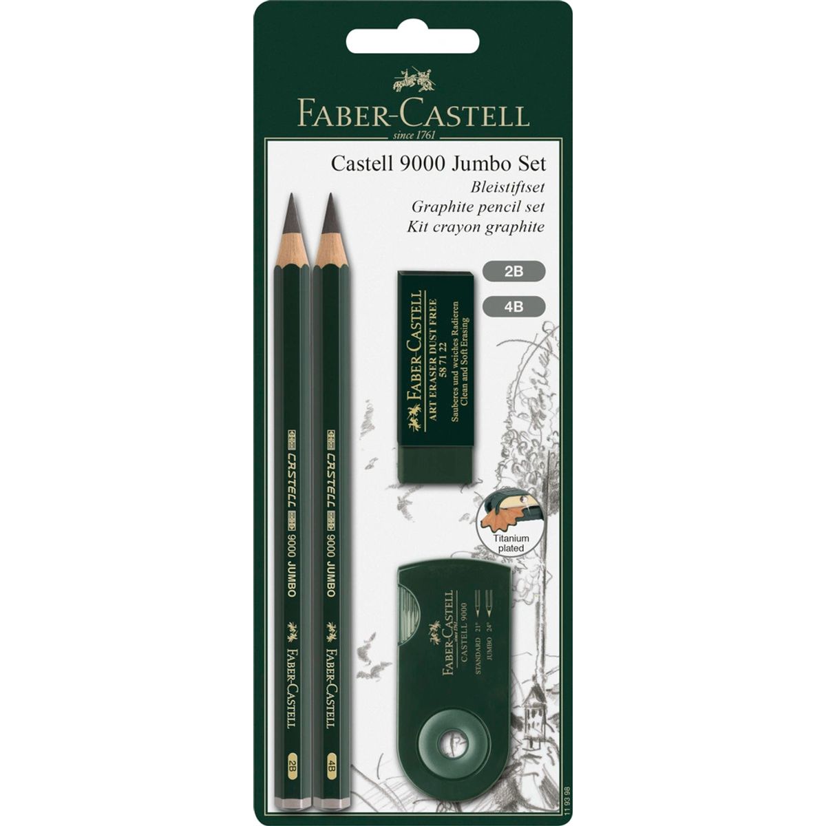 Blyant sæt pitt Faber-Castell 9000 jumbo 2 ass spidser+visk.