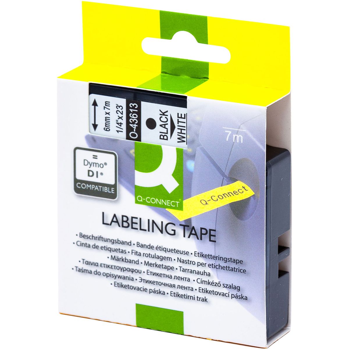 Q-connect D1 tapekassette 6 mm sort;hvid 7 mtr