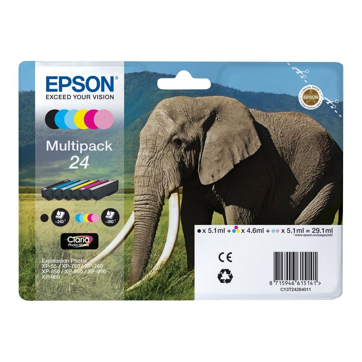 Epson T24 C13T24284011 C/M/Y/K/LM/LC Multipakke Blækpatron, 360 sider