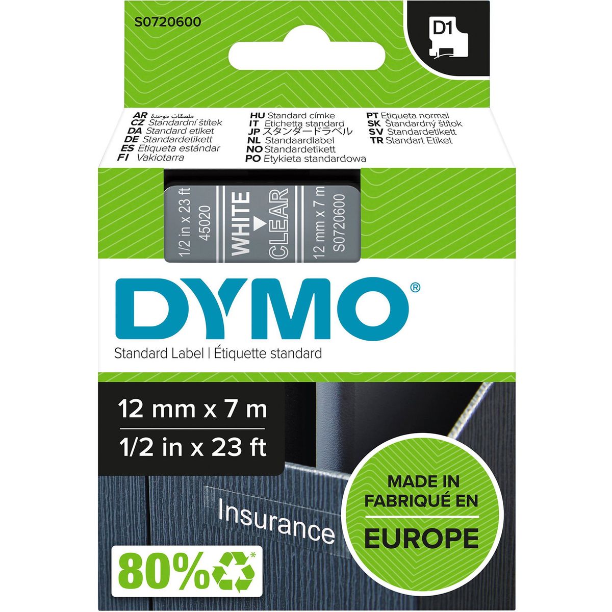 Dymo D1 45020 tape 12mm hvid/klar