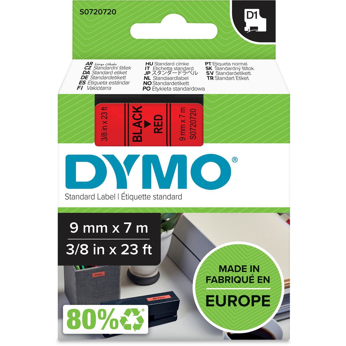 Dymo D1 standard tapekasette 9 mm sort;rod Polyester