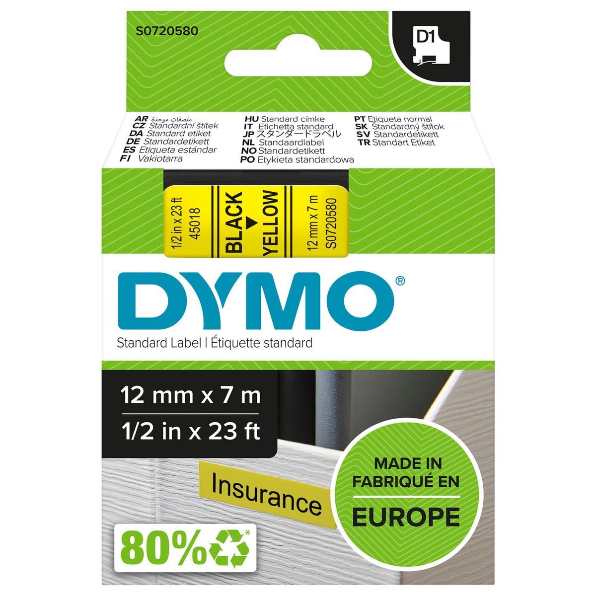 Dymo D1 45018 tape 12mm sort/gul