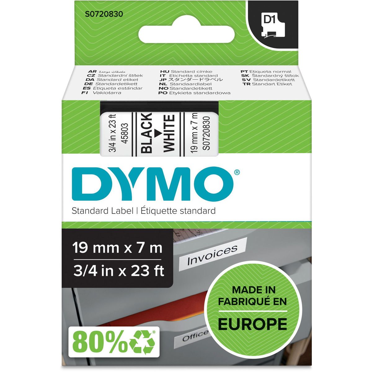 Dymo D1 45803 tape 19mm sort/hvid