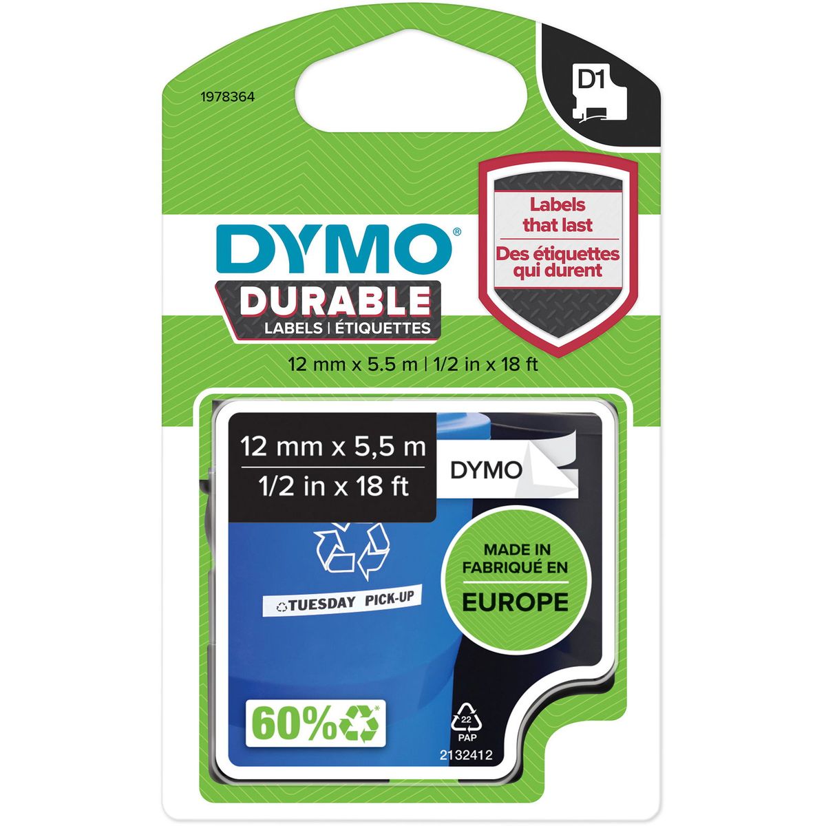 Dymo D1 Durable tape 12mmx5,5m sort/hvid