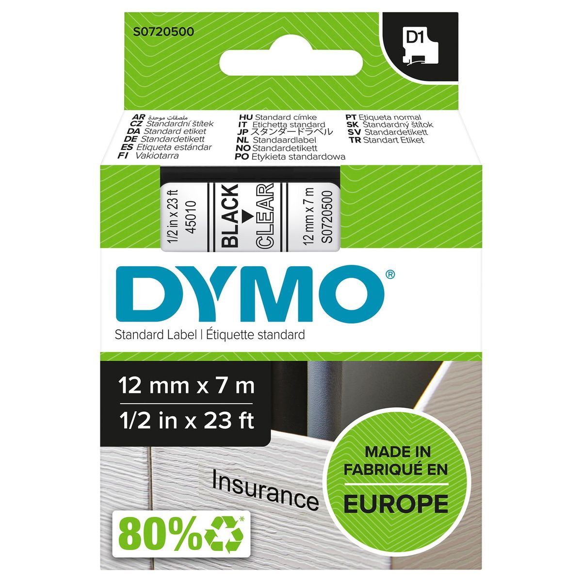 Dymo D1 45010 tape 12mm sort/klar