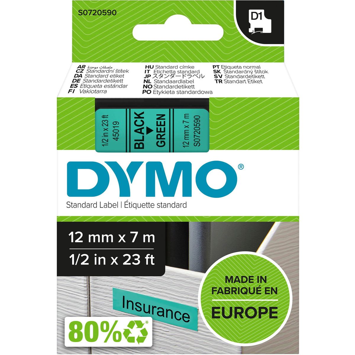 Dymo D1 45019 tape 12mm sort/grøn