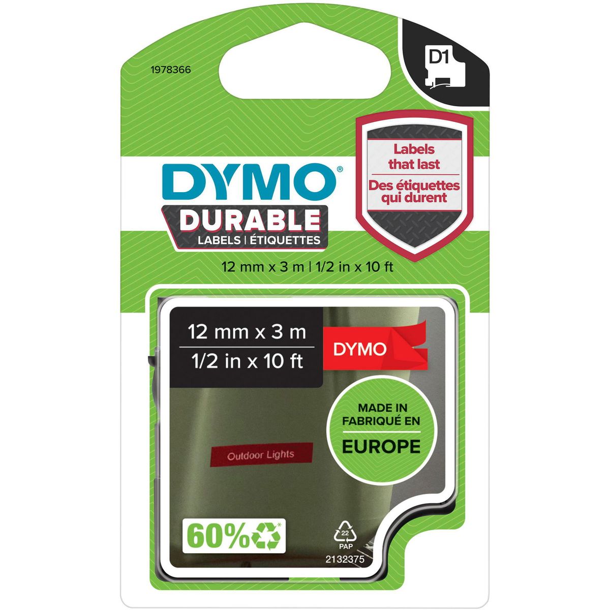 Dymo D1 Durable tape 12mm hvid/rød