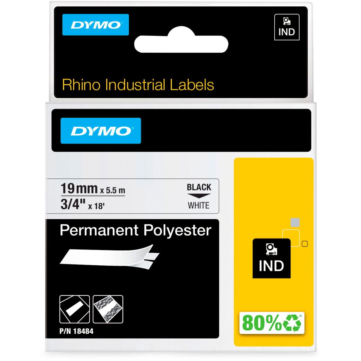 Dymo Rhino permanent polyester tape 18484 sort;hvid 19 mm x 5.5 m