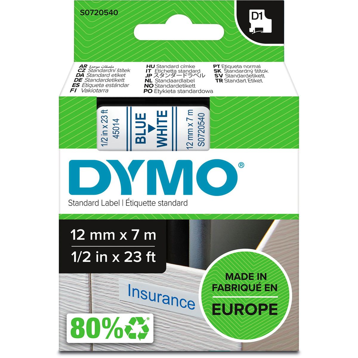 Dymo D1 45014 tape 12mm blå/hvid