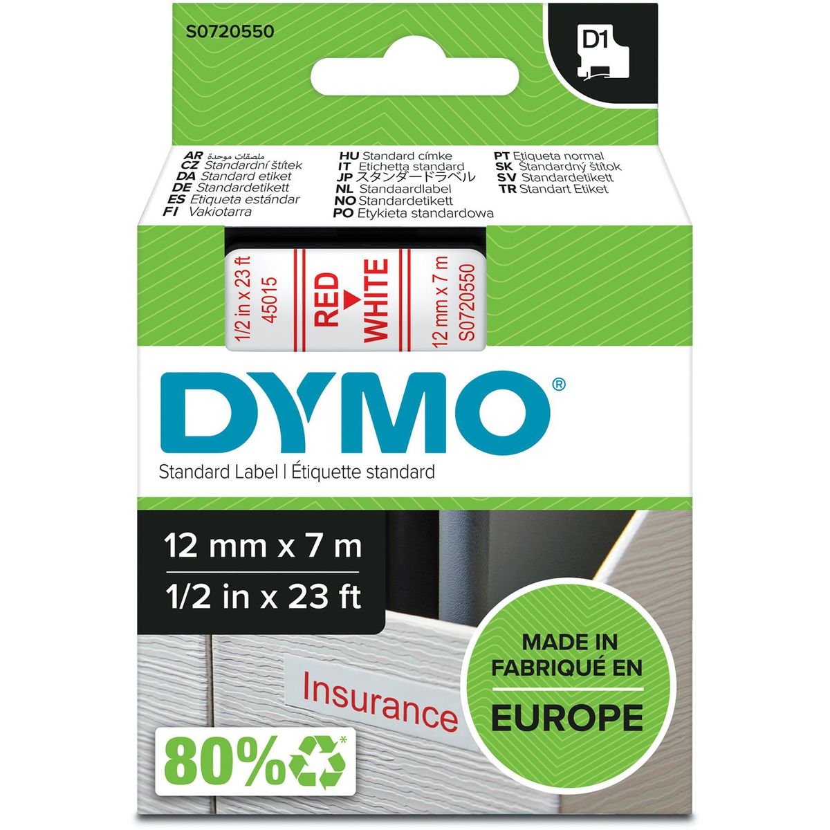 Dymo D1 45015 tape 12mm rød/hvid