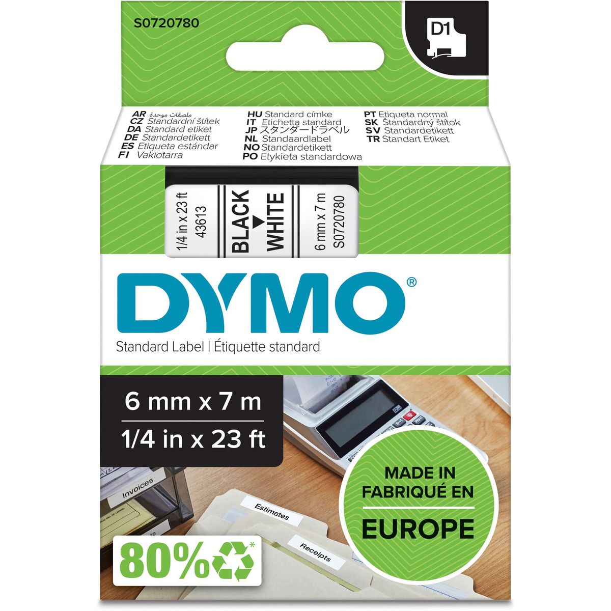 Dymo D1 43613 6mm sort/hvid