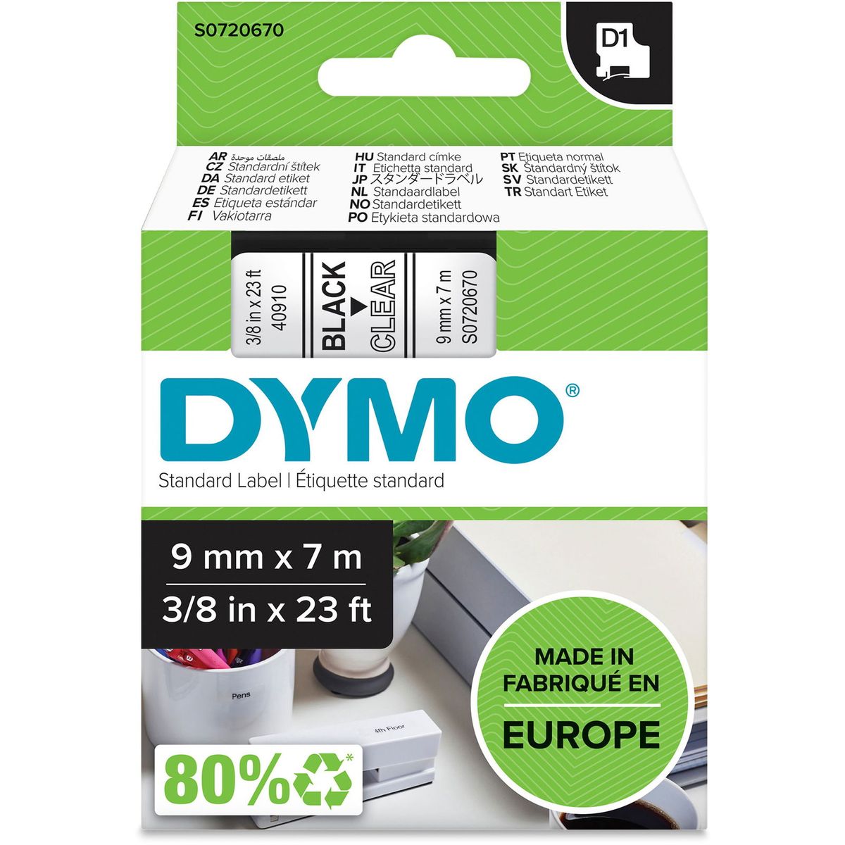 Dymo D1 40910 tape 9mm sort/klar