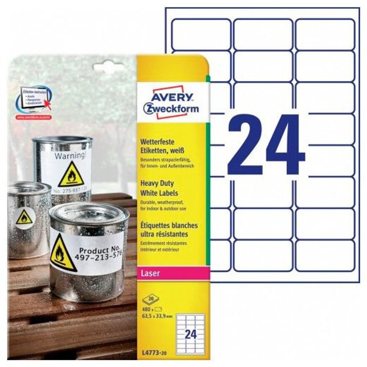 Avery hvide polyesteretiketter 63,5x33,9 mm 480 stk