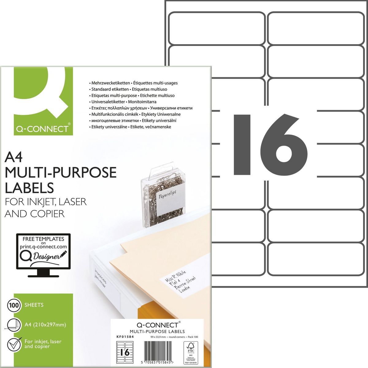 Q-connect multietiketter A4 1.600 etk, 99 mm x 33.9 mm