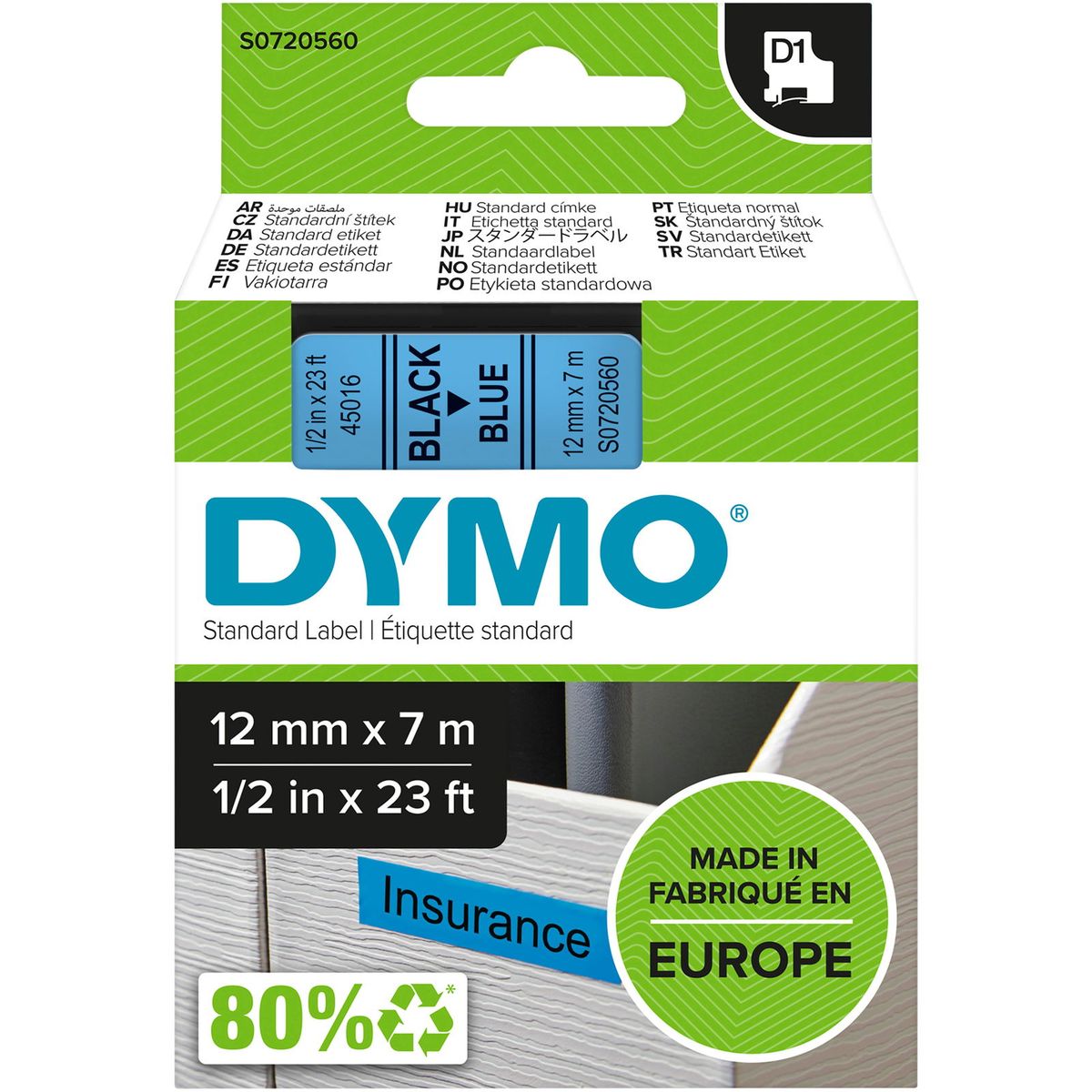 Dymo D1 45016 tape 12mm sort/blå