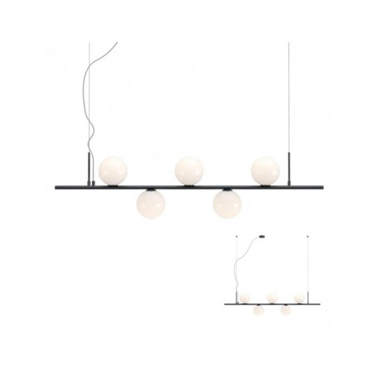 TALIS Loftlampe i aluminium og glas B115 cm 5 x E14 - Mat sort/Opalhvid