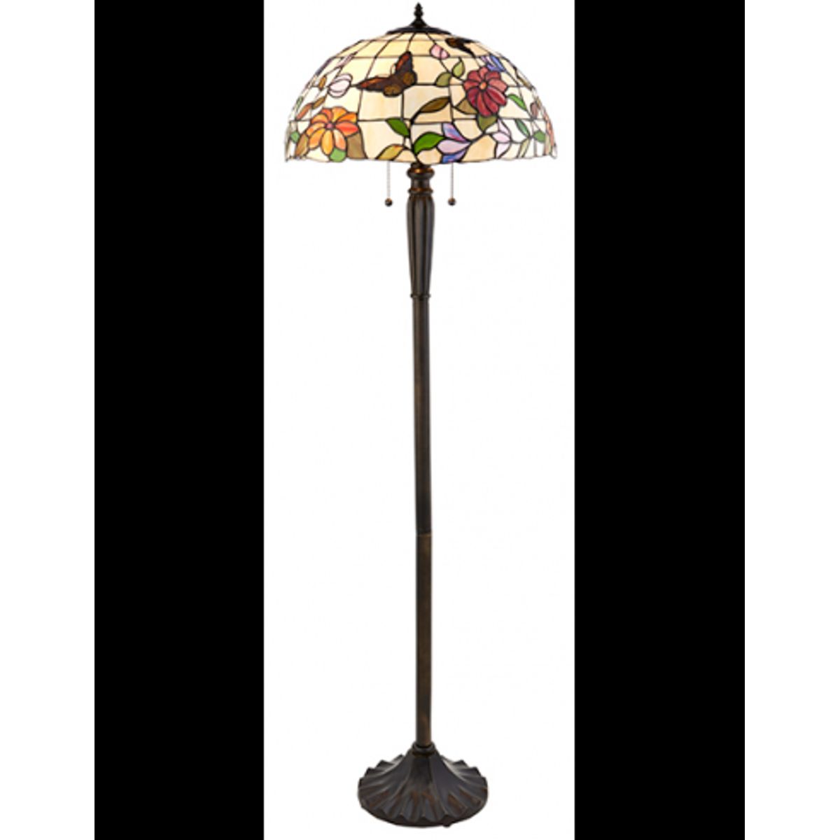 Tiffany Butterfly Gulvlampe i zink og glas H157,5 cm 2 x E27 - Antik bronze/Multi