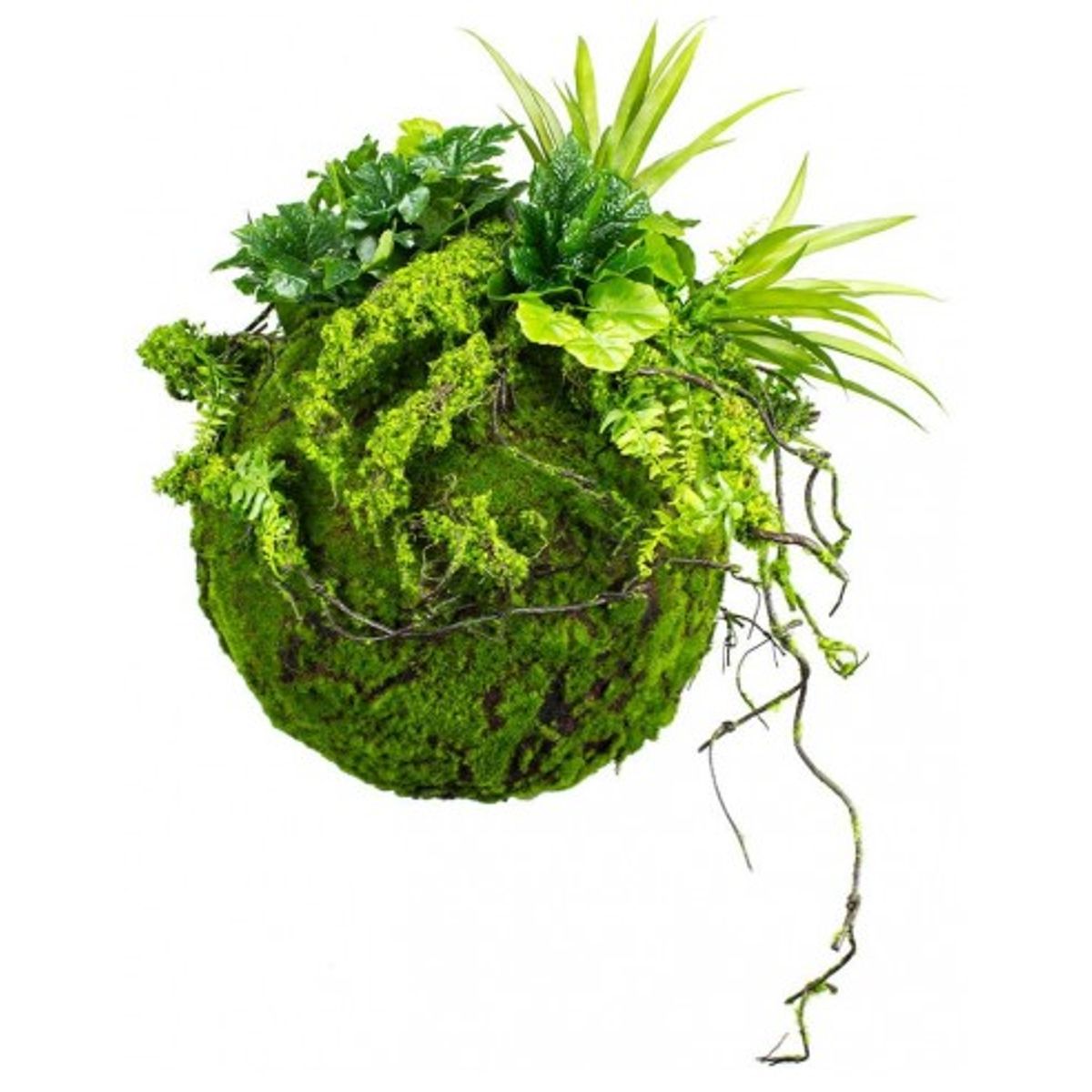 Kokedama have i kunstige planter og mos Ø35+ cm - Grøn