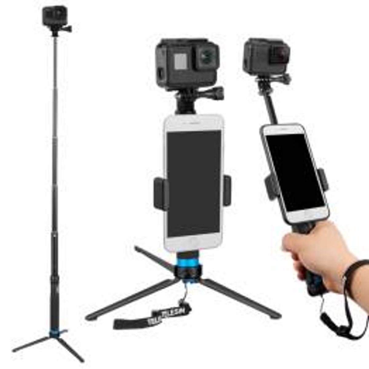 Selfiestang og tripod til GoPro/action kameraer med mobilholder