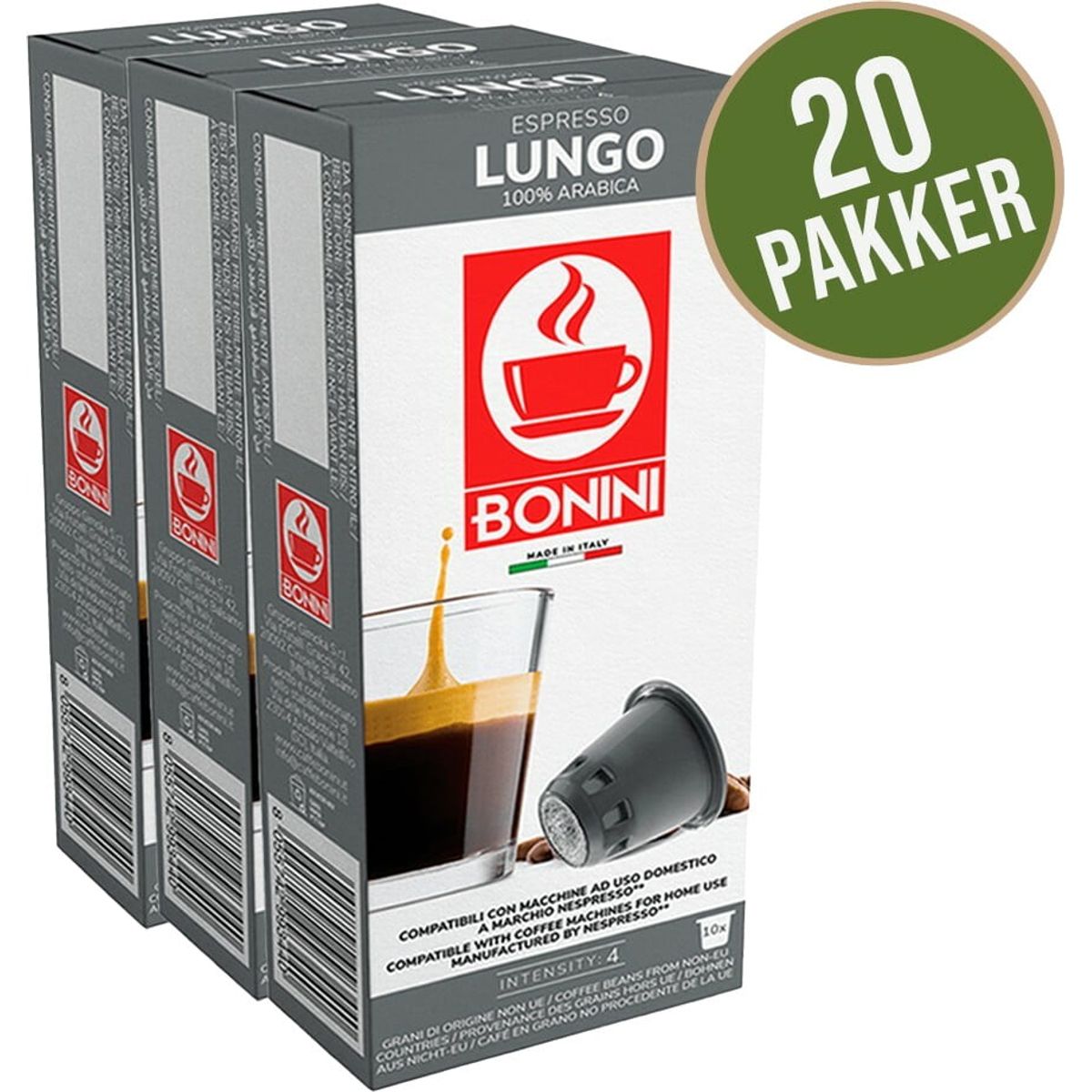 Bonini - Lungo Hverdagspakke (200 stk) - Kapsler til Nespresso