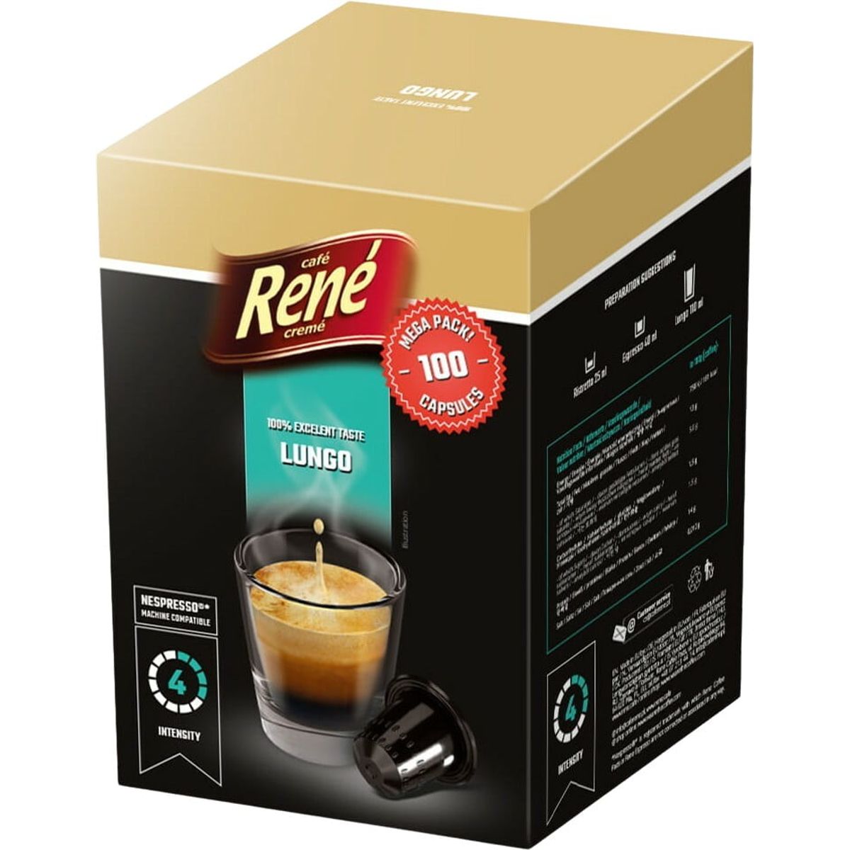 Café René - Lungo (100 stk) - Kapsler til Nespresso