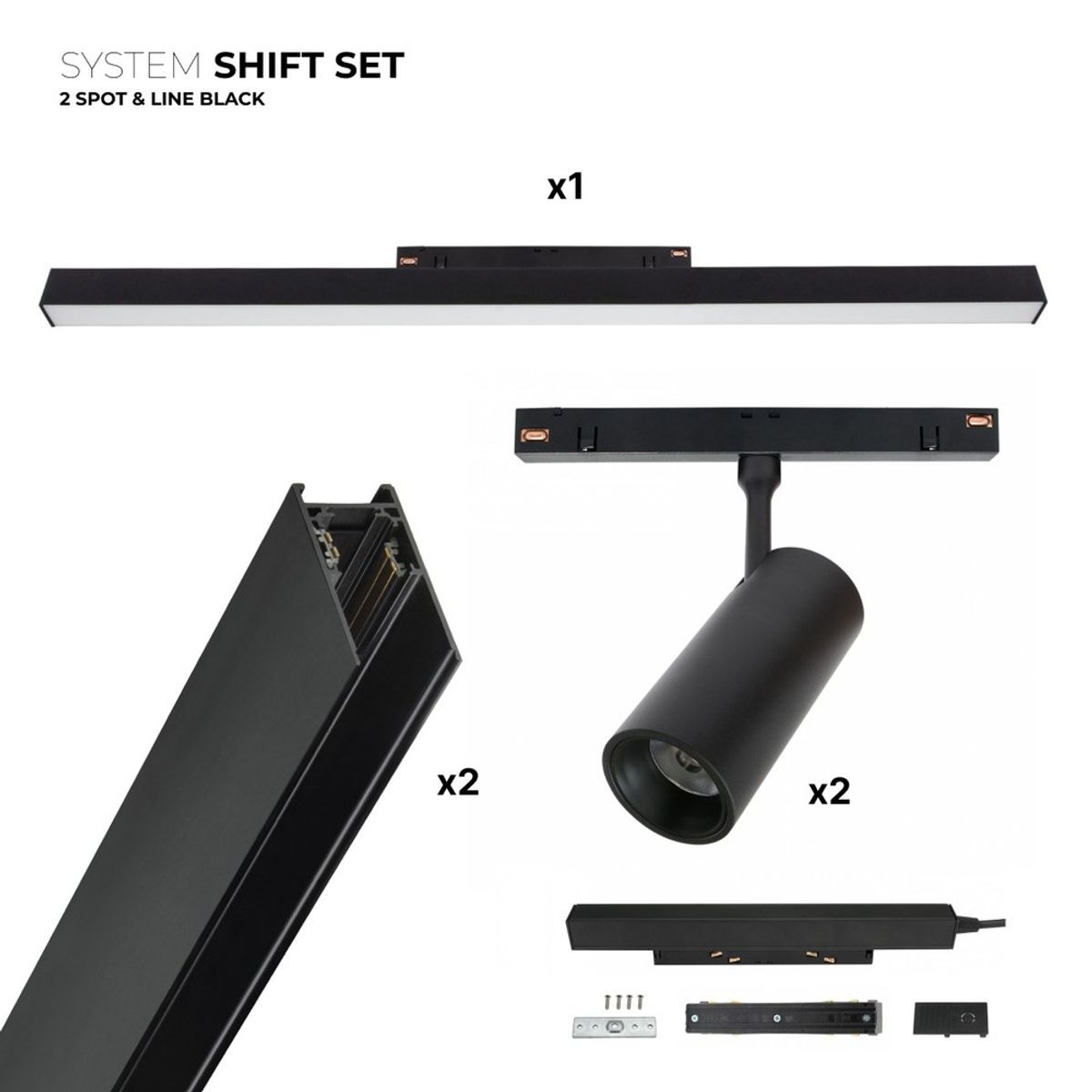 Spectrum SHIFT 2x spot + lysskinne sæt - 2 meter komplet + spots og grundbelysning, Sort