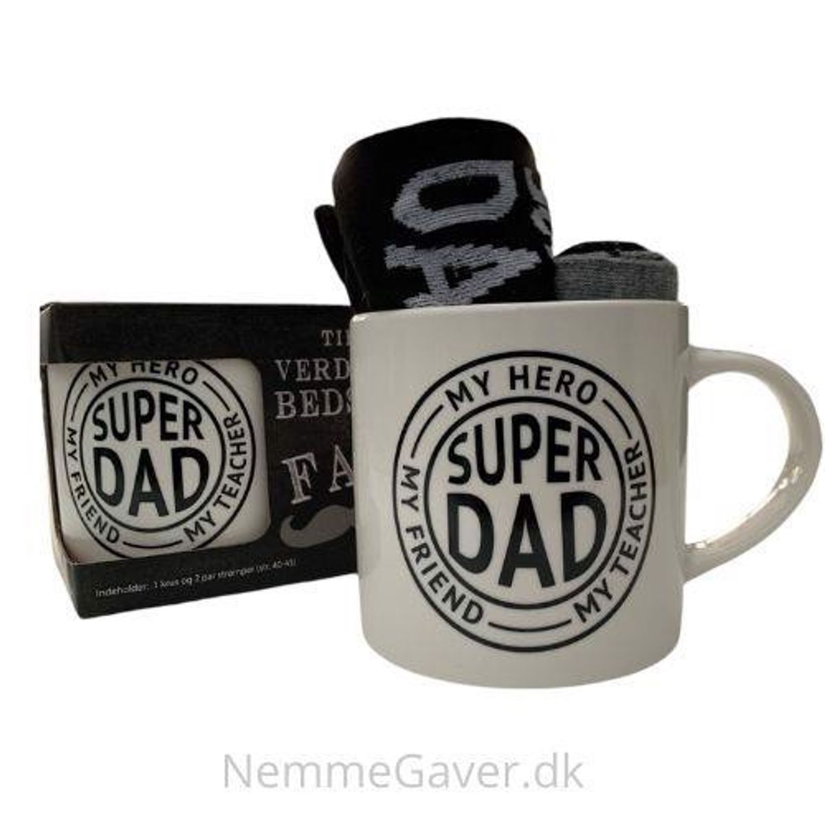 Krus til far - "SUPER DAD" - inkl. 2 par strømper