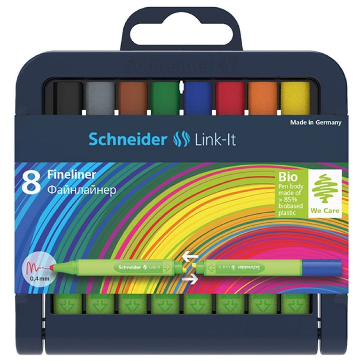 Fineliner SCHNEIDER Link-It, 0,4mm, etui-stativ til penne, 8 stk., farvemix 1 PA