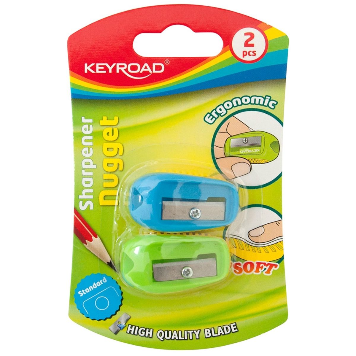 Blyantspidser KEYROAD Nugget, plastik, enkelt, 2 stk., blisterpakke, farvemix 1 PA