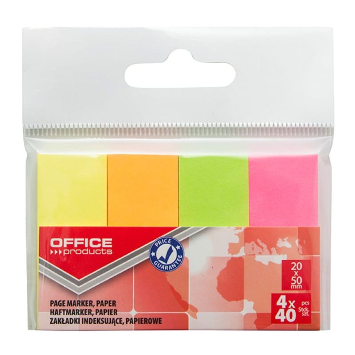 Indeksfaner til arkivering OFFICE PRODUCTS, papir, 20x50 mm, 4x40 faner, polybag, neon assorterede farver,.