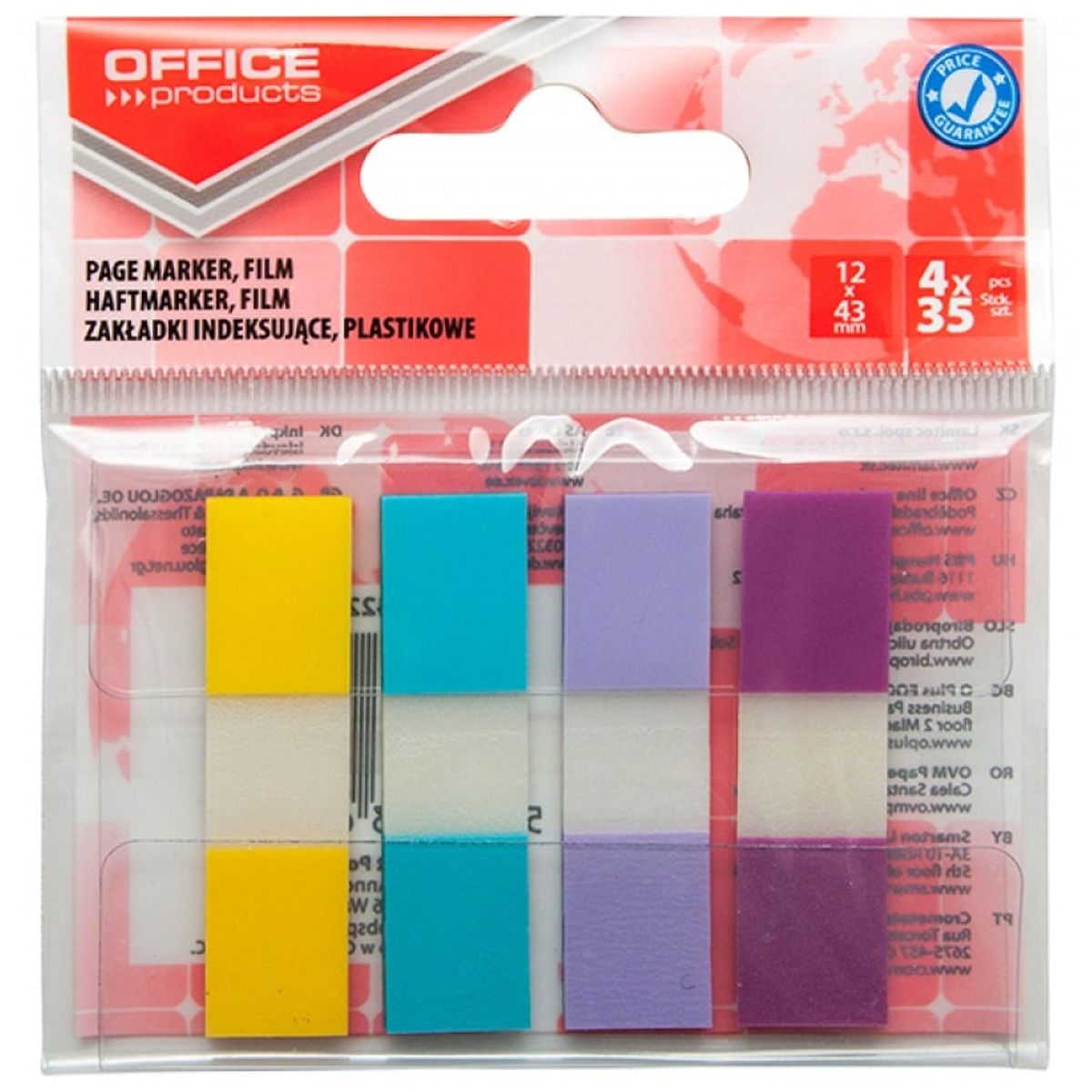 Indeksfaner til arkivering OFFICE PRODUCTS, PP, 12x43 mm, 4x35 faner, polybag, pastel, assorterede farver,.