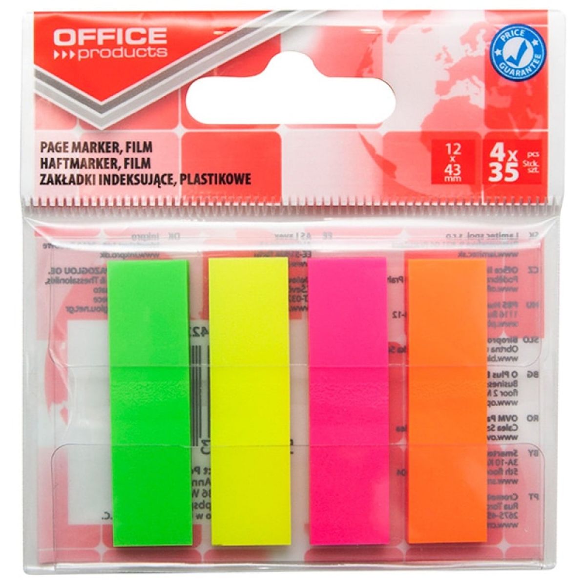 Indeksfaner til arkivering OFFICE PRODUCTS, PP, 12x43 mm, 4x35 faner, polybag, neon, assorterede farver,.