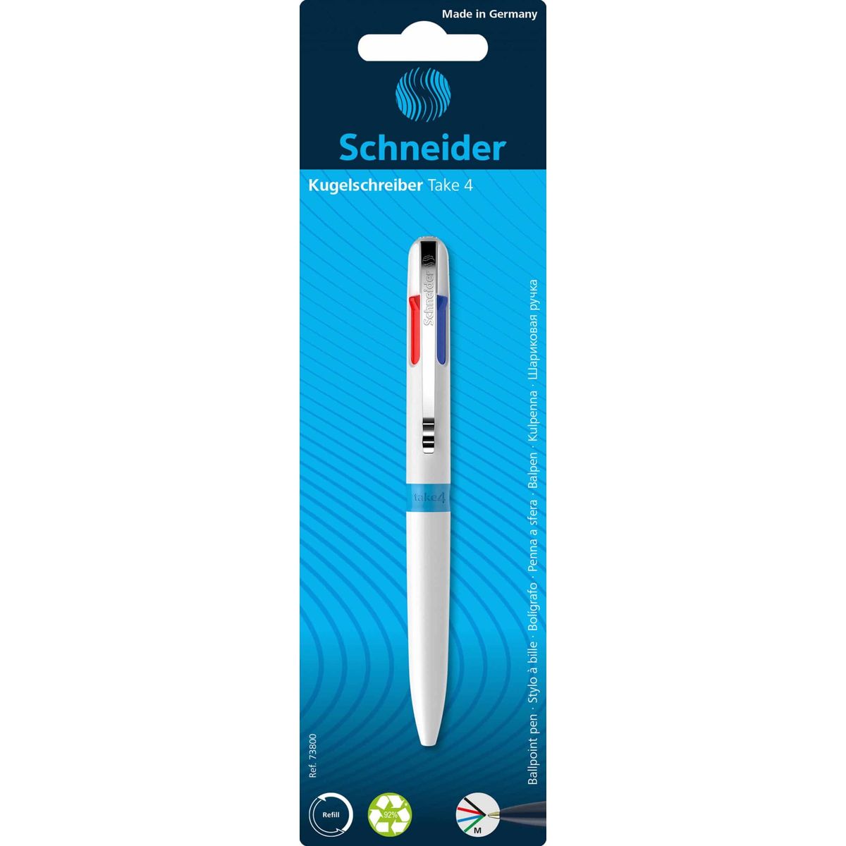 Mekanisk pen SCHNEIDER TAKE 4, M, 4 genopfyldningsfarver, blisterpakke, farvemix,.