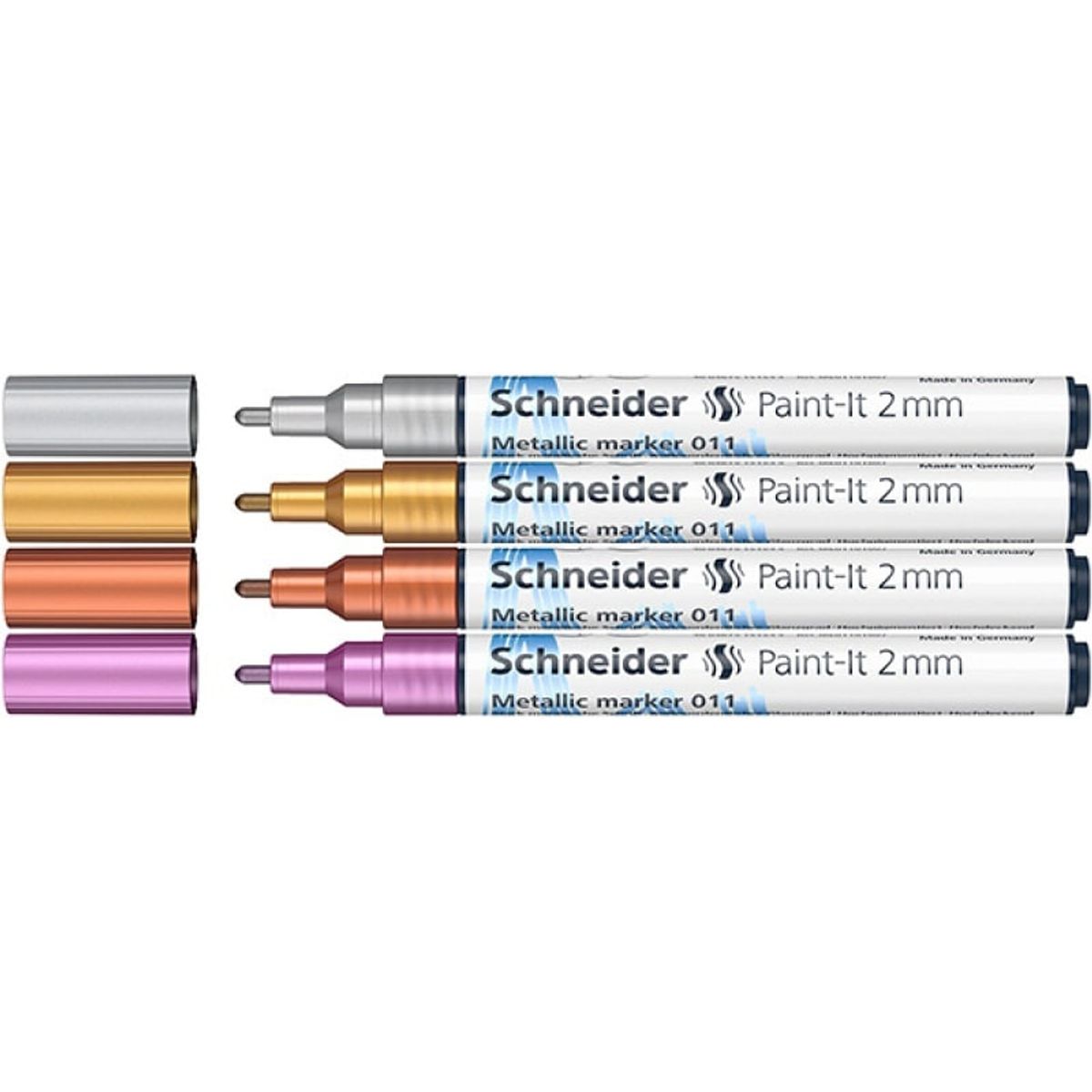 Akrylmarker SCHNEIDER Paint-It Metallic, 2 mm, etui, 4 stk., sølv, guld, kobber, lilla 1 pakke