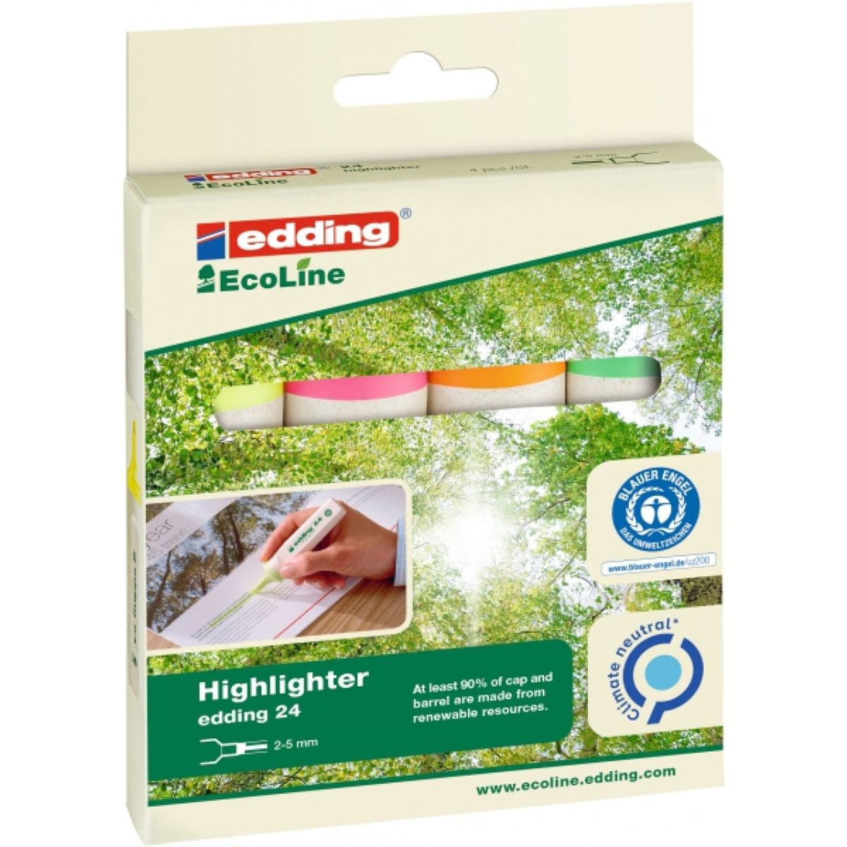 Edding Ecoline e-24 Highlightere, 2-5mm, farvemix 1, sæt med 4 stk.