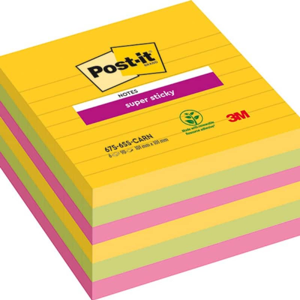 Post-it® CARNIVAL klæbende noter, med linjer, 101x101mm, 6x90 ark.