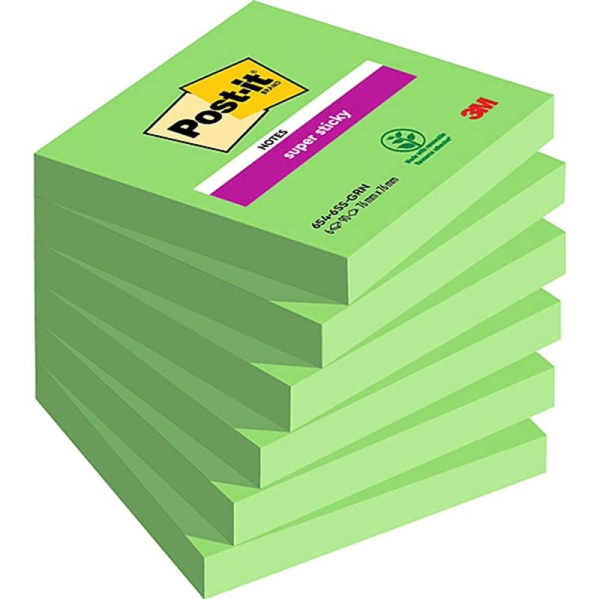 Selvklæbende blok, Post-it® Super Sticky (654-6SS-AW), 76x76mm, grøn, 90 ark,.