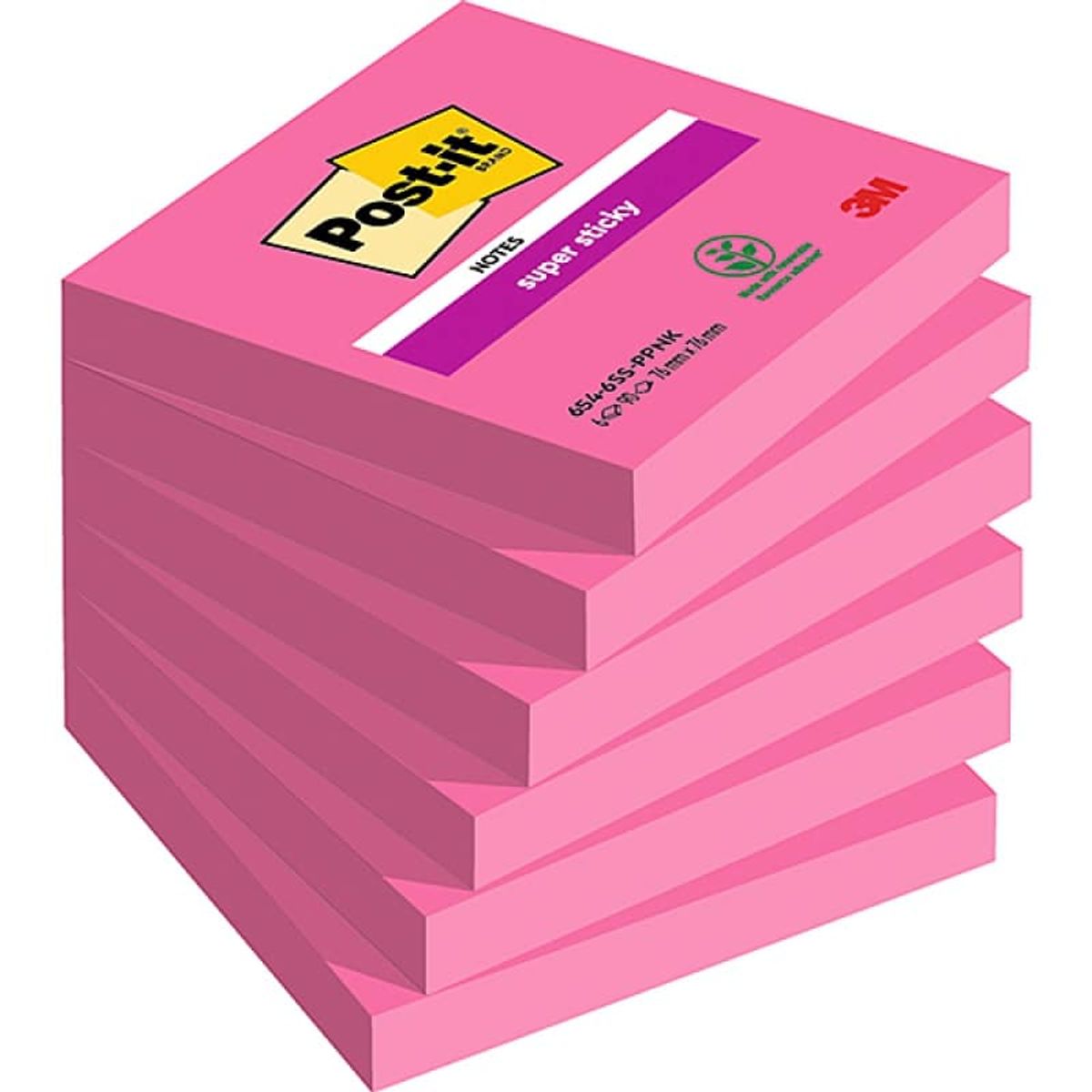 Selvklæbende blok, POST-IT® Super sticky, (654-6SS-PNK), 76x76mm, 1x90 ark, fuchsia 6 stk.