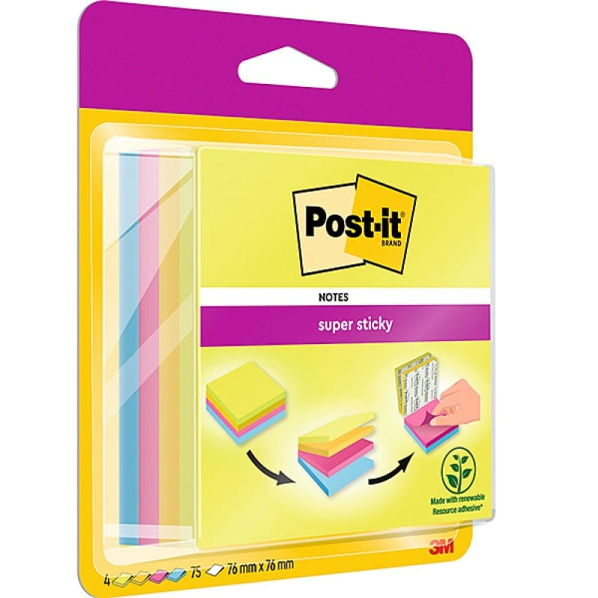 Post-it® Super Sticky Easy Select Cube, Assorterede Farver, 76 mm x 76 mm, 1 pakke