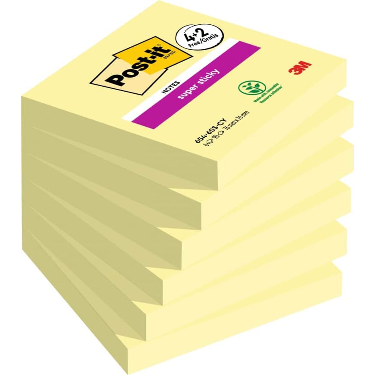 Sticky notes POST-IT® Super Sticky (654-P6SSCY-EU), 76x76mm, 4+2x90 ark, gul, 2 blokke GRATIS.