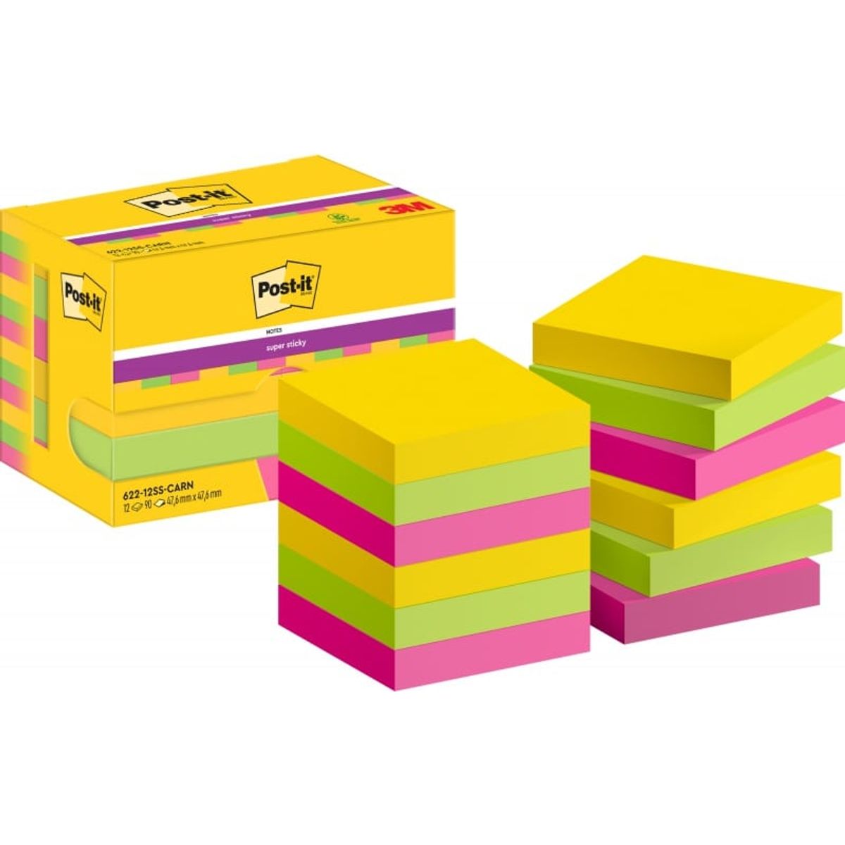 Kort POST-IT® Super Sticky, 47,6x47,6mm, 12x90 kort, Carnival palle.