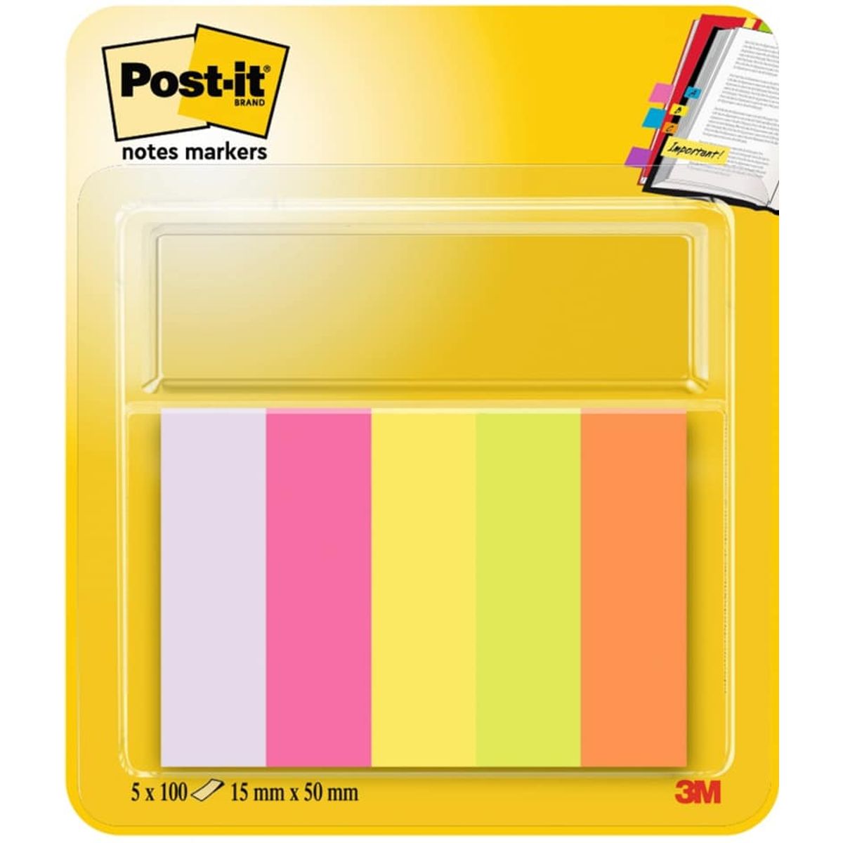 Post-it® Notes Markører neon 670-5, 5 blokke, 100 ark (orange, grøn, gul, pink &amp; neon pink) 15 x 50 mm,.